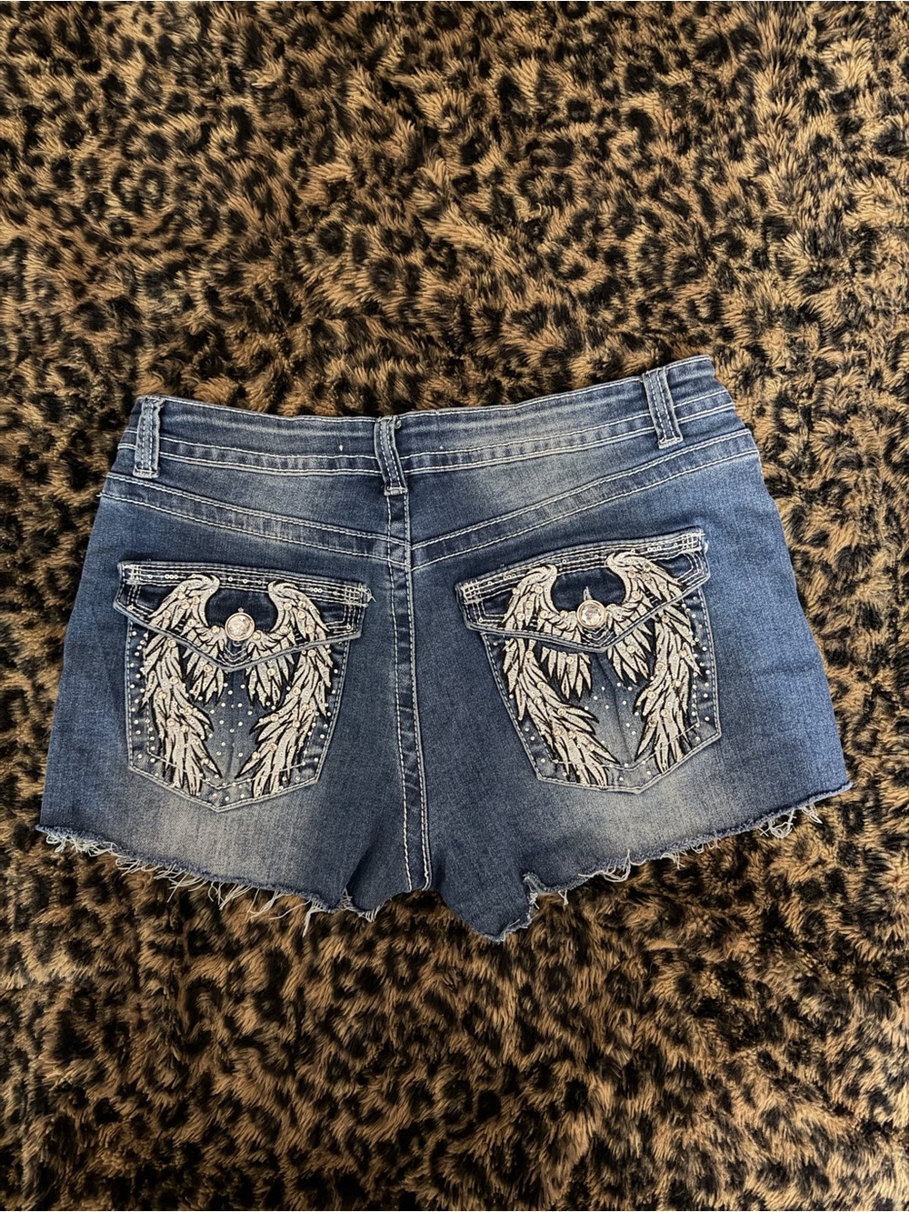 Y2K Women's Blue Denim Shorts with Embroidered Wing Pockets